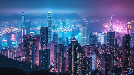Obraz premium Stunning Night View of Hong Kong Skyline with Vibrant City Lights