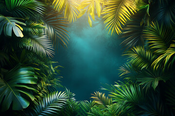 ush tropical background featuring vibrant green palm leaves overlapping each other. The rich textures and natural lighting create a fresh and exotic jungle atmosphere.