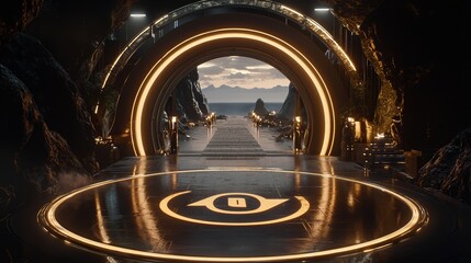 Fototapeta premium Bright white lights serve as the background for a futuristic tunnel viewed at a tilt