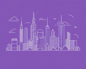 Obraz premium City Skyline Minimalist Line Art on Purple Background