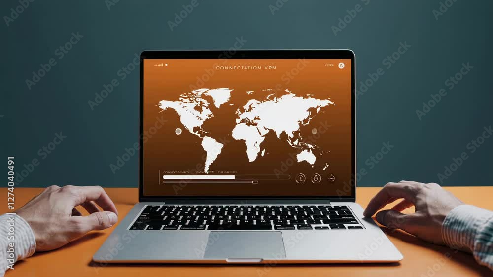 Poster professional businessman securely connecting to virtual private network on laptop, sitting at orange