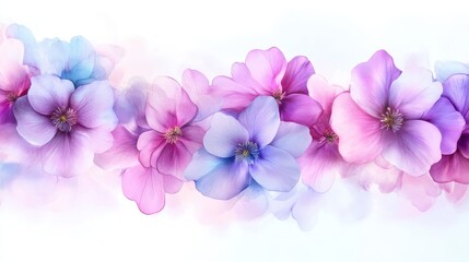 Obraz premium Delicate Pastel Blossoms - A watercolor- of pastel pink and blue flowers arranged in a horizontal row on a white background. Perfect for spring and summer designs