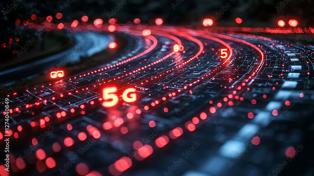 Poster abstract futuristic 5g network concept. glowing red data streams flow along a digital road, showcasi
