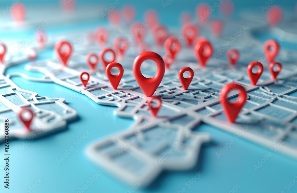 Aufkleber 3D illustration of map with red pointers over blue background. Red map pin pointers navigation, travel destination, location or address mark symbol, gps route direction.