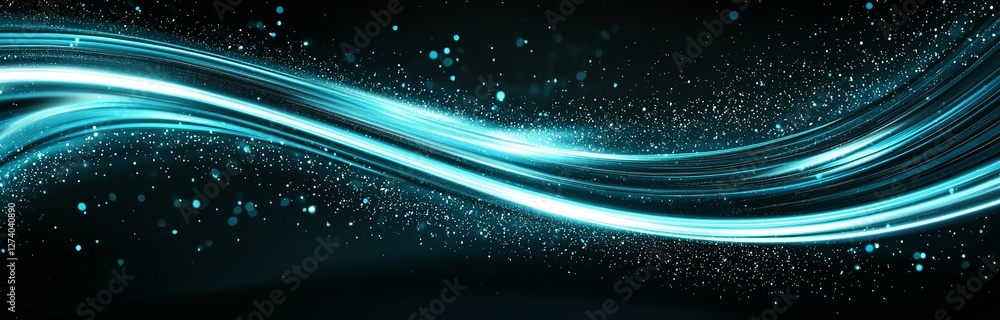 Poster a dark background serves as the canvas for bright blue streaks of light, which generate a dynamic pa