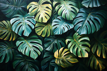 ush tropical background featuring vibrant green palm leaves overlapping each other. The rich textures and natural lighting create a fresh and exotic jungle atmosphere.