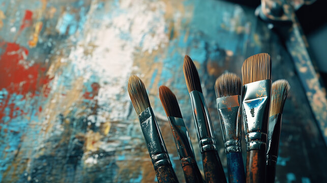 Artistic background with paintbrushes and colorful paints, perfect for creative projects, art school materials, design templates, and advertising related to painting and creativity