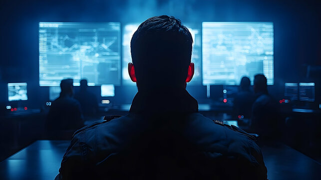 Security Team Monitoring Systems In A Dark Control Room