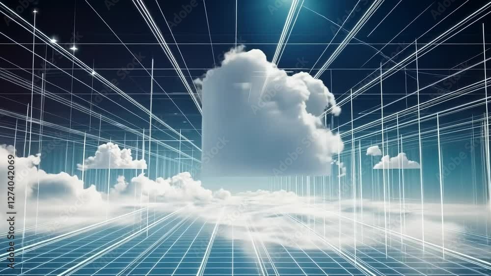 Poster cloud computing network: digital sky, futuristic cloud infrastructure