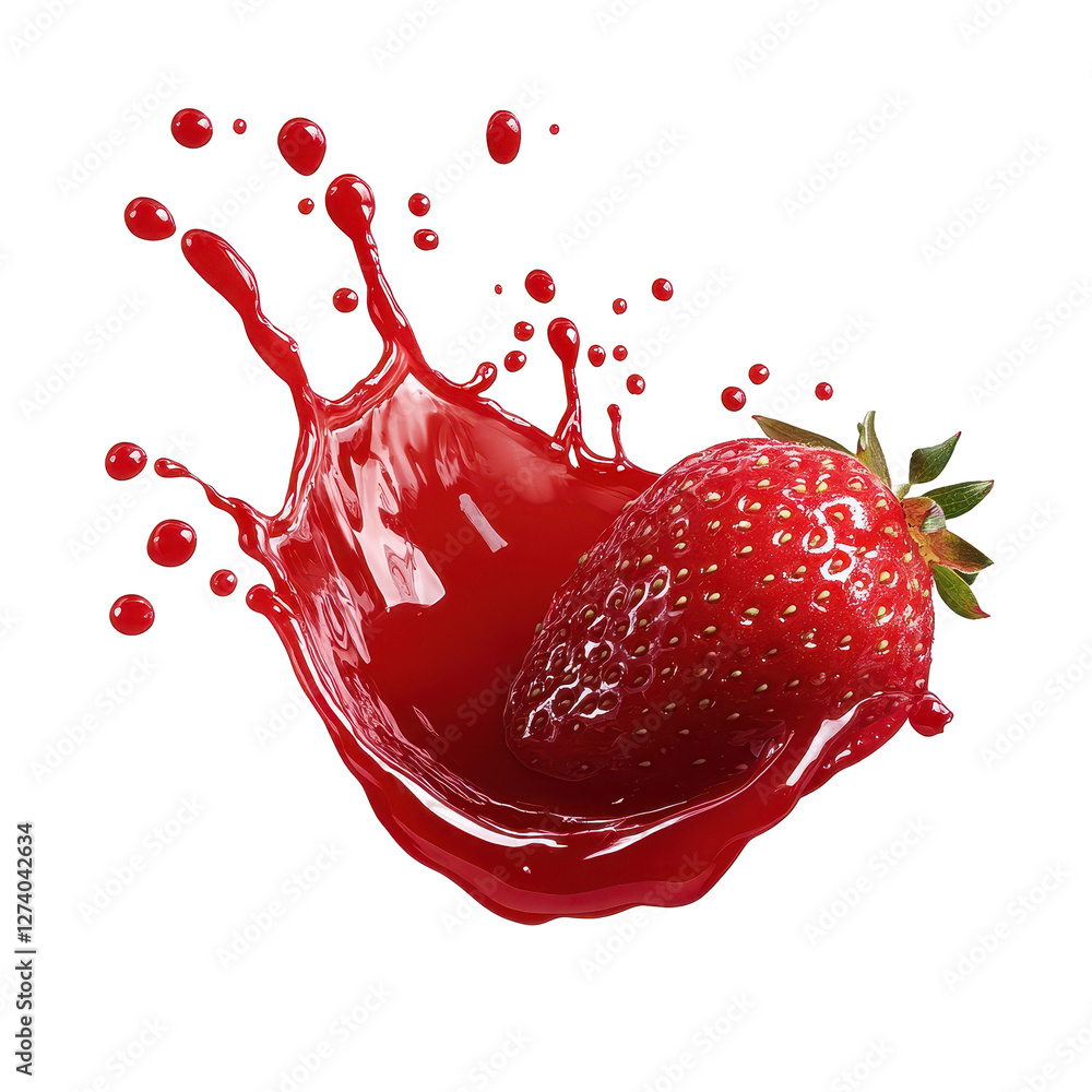 Poster fresh strawberry splashing in vibrant red liquid with dynamic motion and energy. transparent backgro