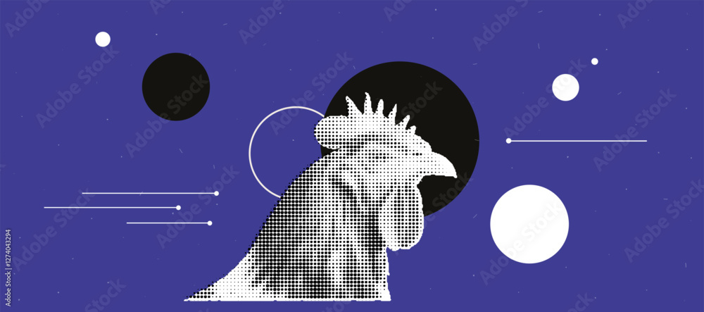 Poster Abstract rooster in halftone style with cosmic elements for artistic design