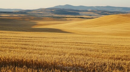 Obraz premium Expansive Golden Wheat Field Under Clear Blue Sky Landscape