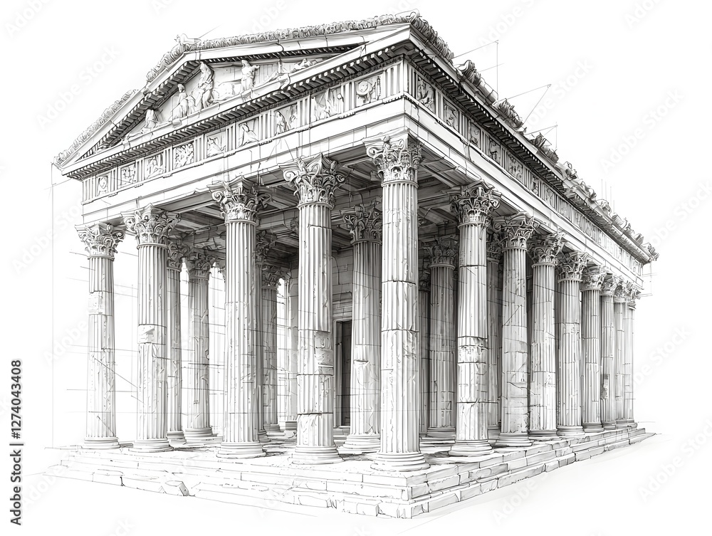 Poster minimalist representation of a classical greek temple architecture with clean lines and columns