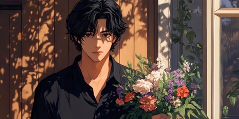 Intense gaze meets eyes as a man in a sleek black shirt locks focus, framed by dark curls. His stoic expression radiates quiet strength