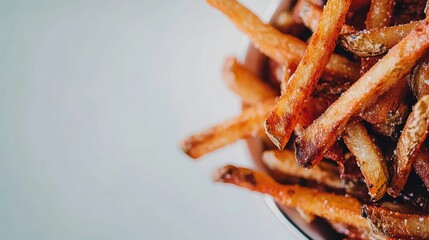 Close Up Of Golden Brown French Fries with Crispy Texture Against White Background