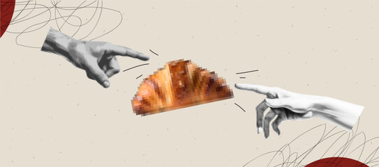 Surreal modern art collage with croissant and pixelated hands