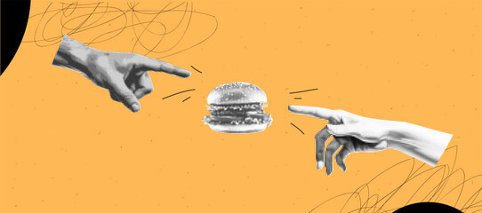 Retro pop art burger collage with halftone hands – trendy dadaism design for posters