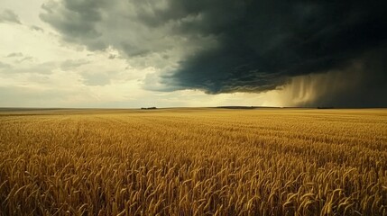 Naklejka premium Dark Thunderstorm Clouds Over Golden Wheat Field Landscape Scene