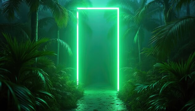Green neon frame stands middle of tropical jungle passage creating moody green light. Abstract portal, gateway to another world, future tech or virtual reality. Exotic rainforest nature.