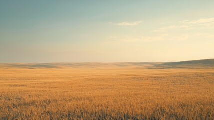 Obraz premium Golden Wheat Field Under Soft Blue Sky at Dusk in Rural Landscape