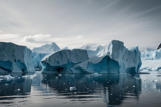 there are many icebergs floating in the water near a mountain