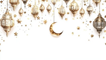 Golden Lanterns and Stars with Crescent Moon on White Background