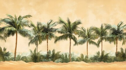 A row of gently curved palm trees creating the perfect tropical getaway setting, their leaves rustling in the breeze as beachgoers relax nearby.