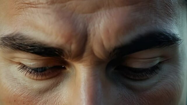 A portrait of a person with a furrowed brow, looking thoughtful and introspective in close-up.
