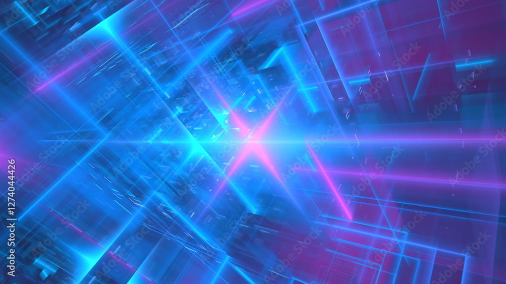 Poster vivid blue and pink glowing lines intersect and create geometric shapes in a dynamic abstract backgr