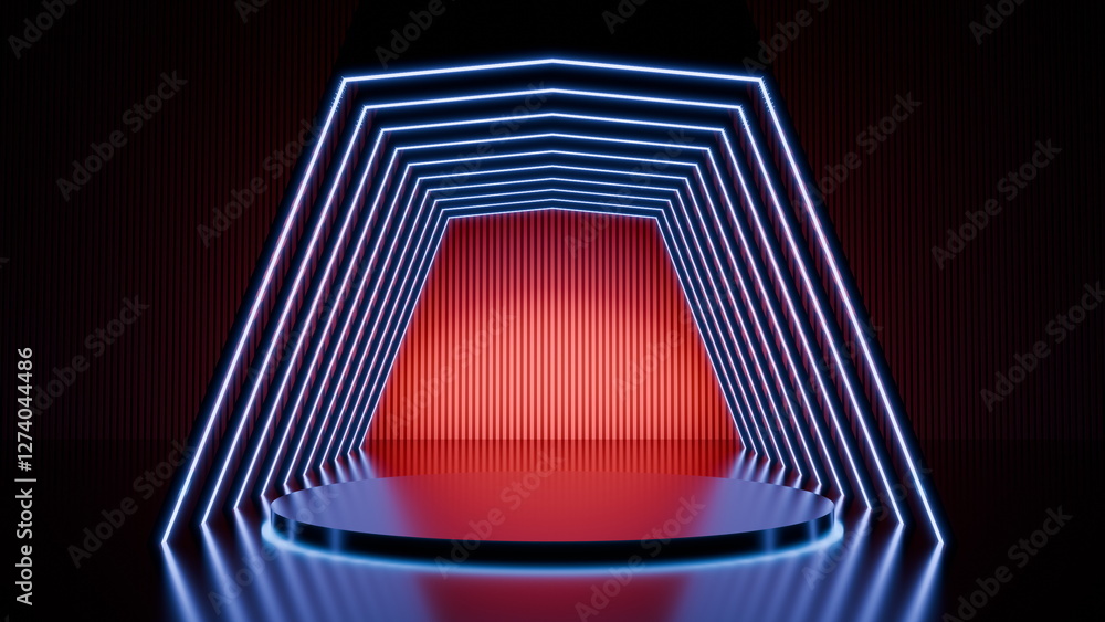 Poster stunning stage setup featuring geometric lines of neon lights in blue and white against a striking r