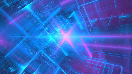 Vivid blue and pink glowing lines intersect and create geometric shapes in a dynamic abstract background, evoking a sense of digital energy and modern design. 3d render