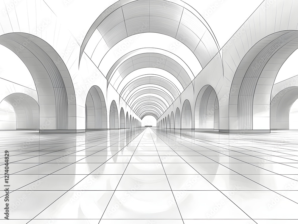 Poster minimalist line drawing of airport terminal hallway with arched architecture and clean geometry