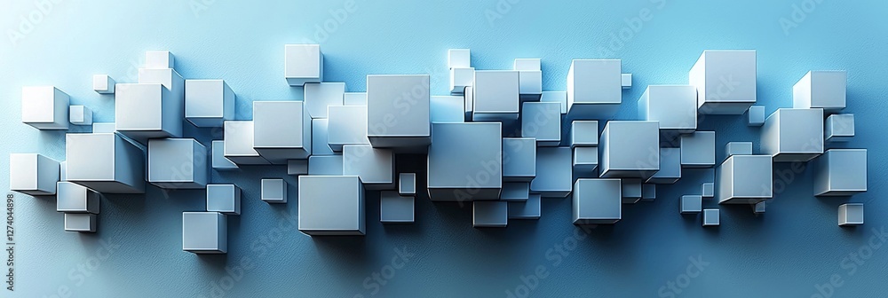 Poster a variety of cubes in multiple sizes and shades are linked together with diagonal lines set against 