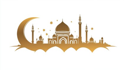 Golden Mosque Silhouette with Crescent Moon and Stars