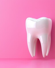 A glossy white tooth against a bright pink background, representing dental care and hygiene.