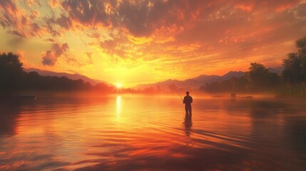 a man fishing at sunset, with soft waves lapping at his feet as he stands in the water, surrounded by the beauty of a vibrant and colorful sky