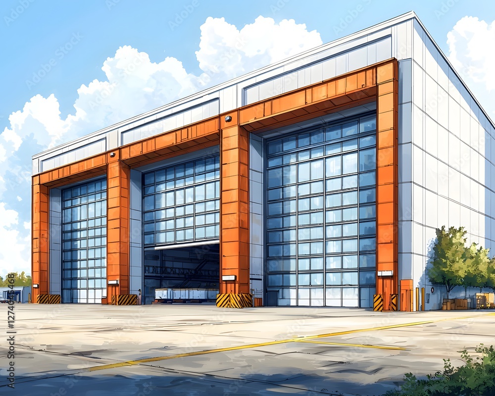 Poster minimalist line drawing of a symmetrical warehouse building with sharp angles
