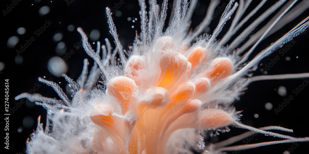 Poster microscopic image of peach-colored bulbous structures with white filaments