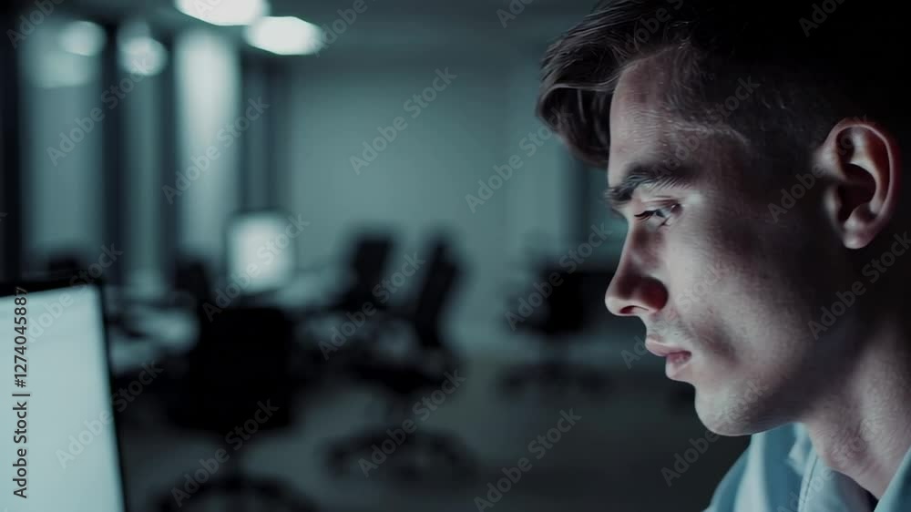 Poster young business professional concentrating on computer screen in dark office, working overtime on a p