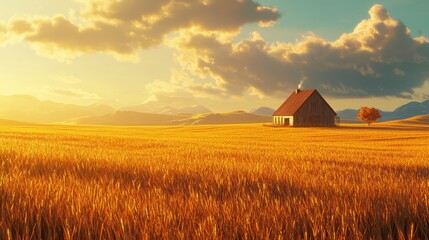 Serene Landscape with Single House in Golden Wheat Field at Sunset