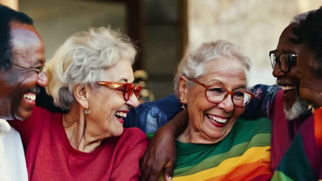 A group of happy senior friends laughs together, radiating warmth and positivity. Their colorful clothing, including rainbow-themed attire, symbolizes diversity, inclusion, and LGBTQ+ pride