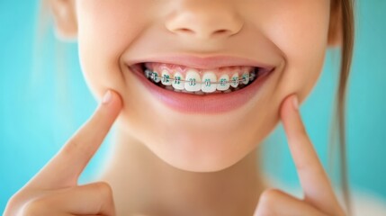 Child smiling, pointing at colorful dental braces, bright blue background highlighting cheerful orthodontic treatment moment