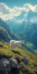 a mountain goat calmly climbing a mountain slope with majestic views of the alpine landscape