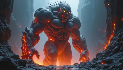 Fiery monster with glowing eyes emerging from dark cave, perfect for fantasy storytelling