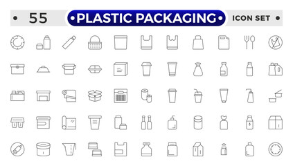 Plastic packaging outline icons set. Disposable tableware, water bottle, blister pack, container, canister, garbage bag, bubble wrap vector illustration. Outline signs of polyethylene.