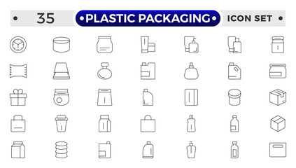 Plastic packaging outline icons set. Disposable tableware, water bottle, blister pack, container, canister, garbage bag, bubble wrap vector illustration. Outline signs of polyethylene.