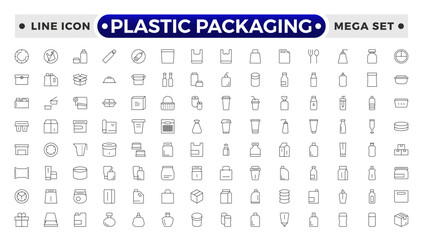 Plastic packaging outline icons set. Disposable tableware, water bottle, blister pack, container, canister, garbage bag, bubble wrap vector illustration. Outline signs of polyethylene.