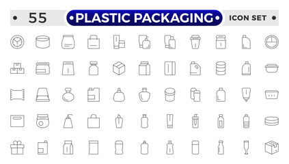 Plastic packaging outline icons set. Disposable tableware, water bottle, blister pack, container, canister, garbage bag, bubble wrap vector illustration. Outline signs of polyethylene.