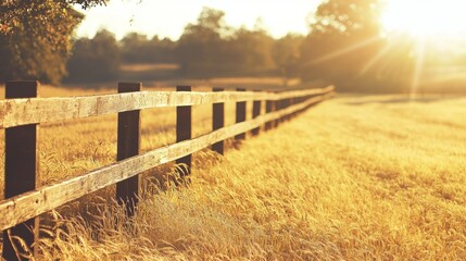 Serene Golden Field with Wooden Fence Under Bright Sunset Light
