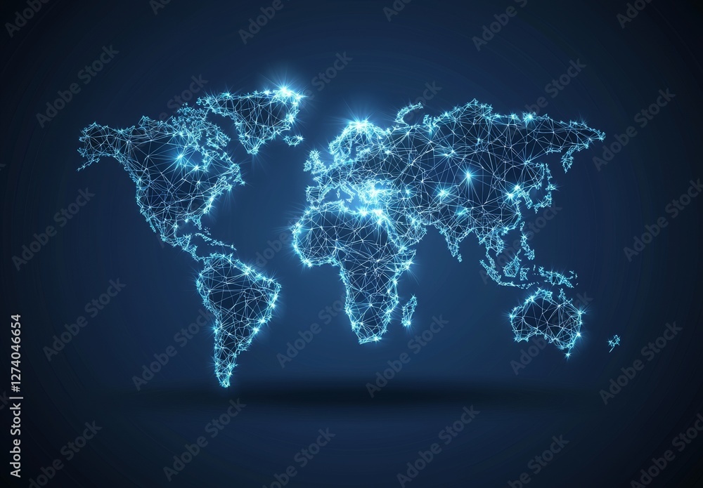 Poster a world map, rendered in a stylized form, is bordered by a complex array of lines and dots, embodyin
